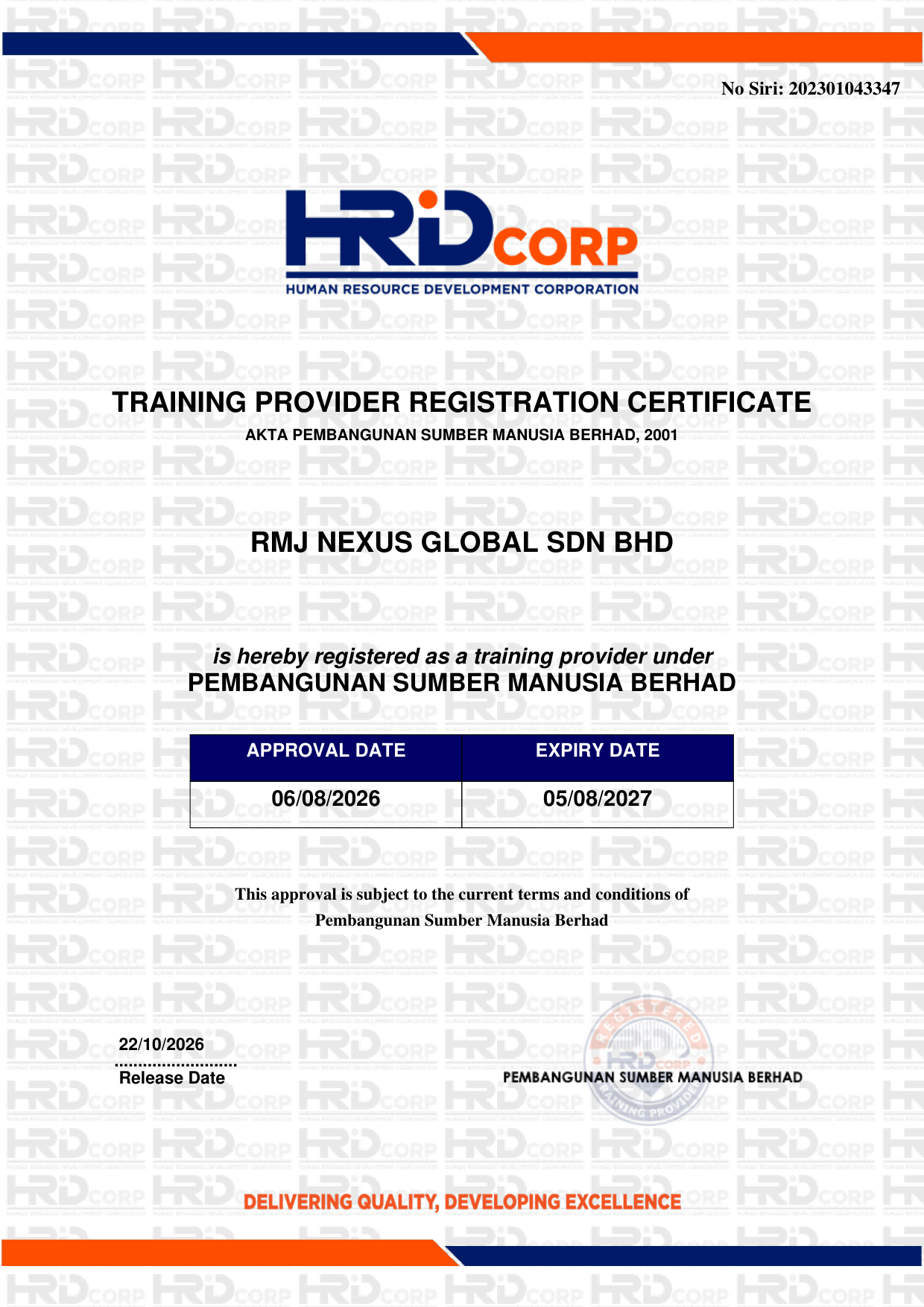 HRD Corp Training Provider Registration Certificate - RMJ Nexus Global Sdn Bhd (valid 06/08/2026 - 05/08/2027)